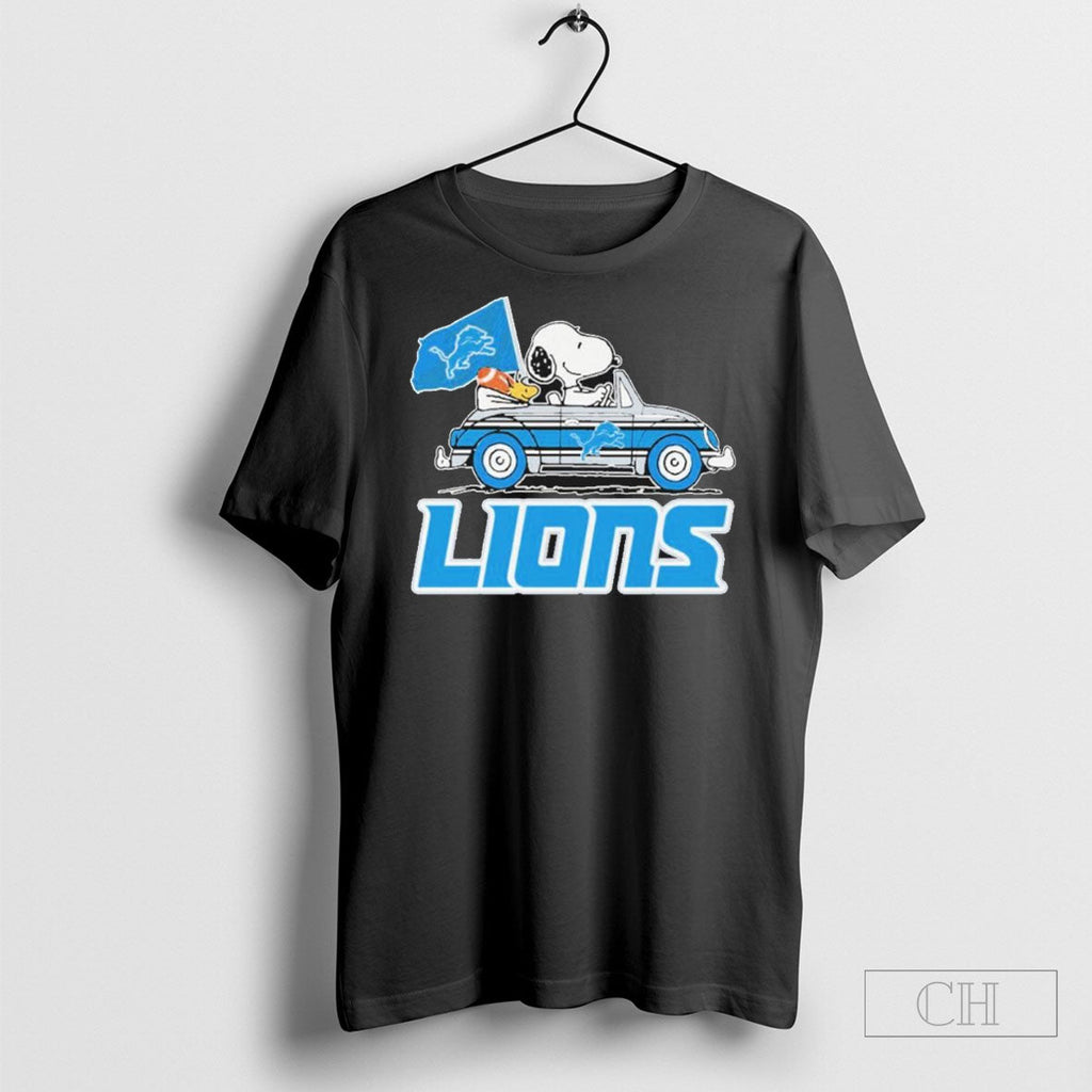 Official Detroit Lions X The Peanuts Driving Car - Adult & Kids T-Shirts, Sweatshirts & Hoodies apparel design preview 1