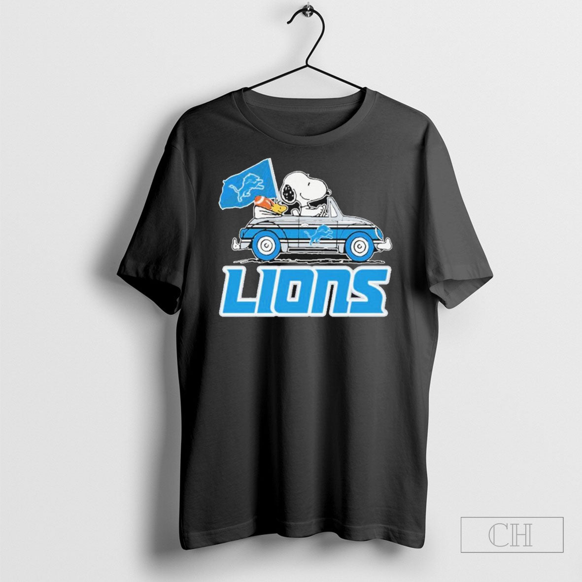 Official Detroit Lions X The Peanuts Driving Car - Adult & Kids T-Shirts, Sweatshirts & Hoodies apparel design preview 1