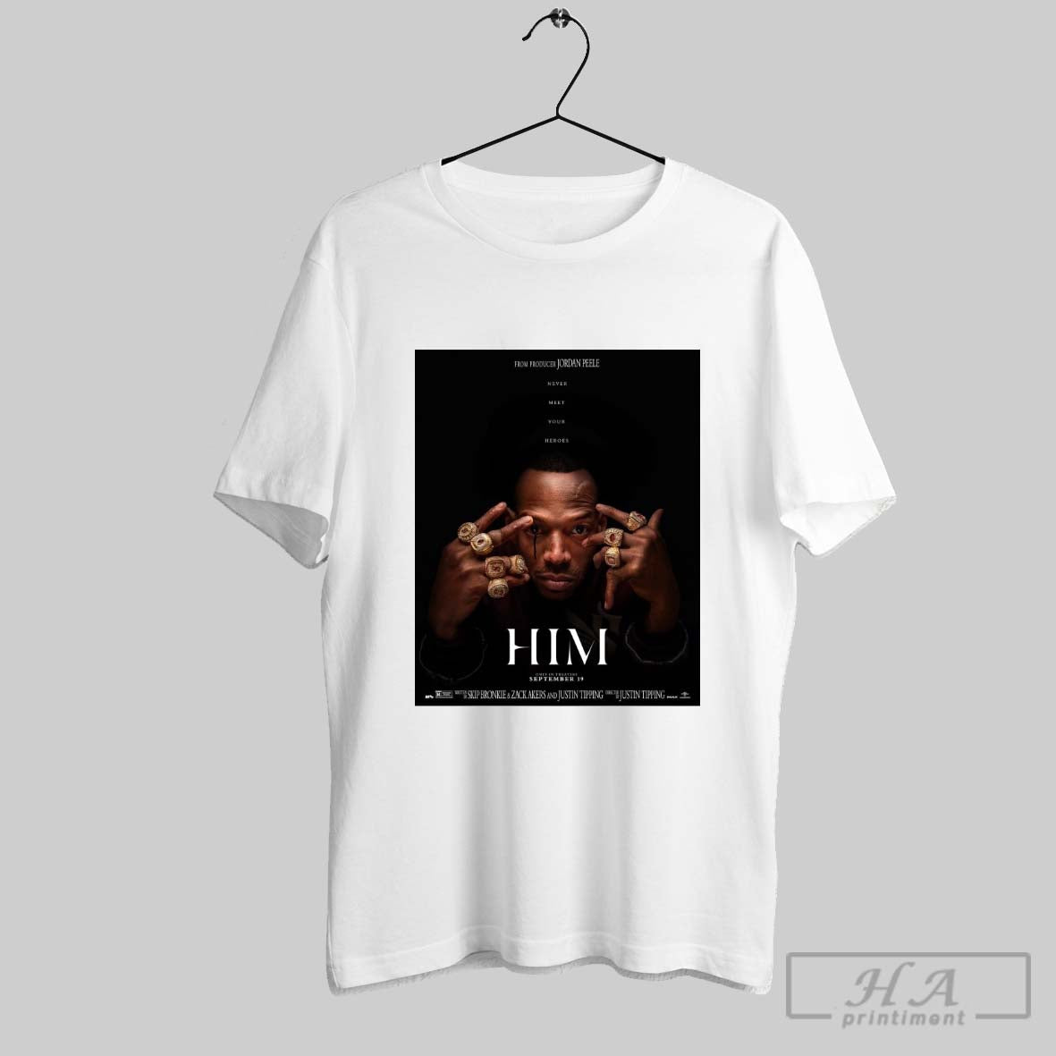 Official Him Never Meet Your Heroes Only In Theaters - Adult & Kids T-Shirts, Sweatshirts & Hoodies apparel design preview 1