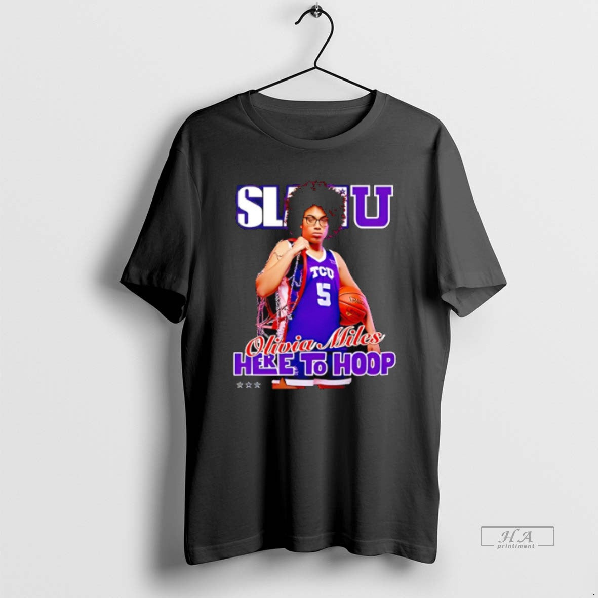 Official Olivia Miles 5 Tcu Horned Frogs Here To Hoop - Adult & Kids T-Shirts, Sweatshirts & Hoodies apparel design preview 1