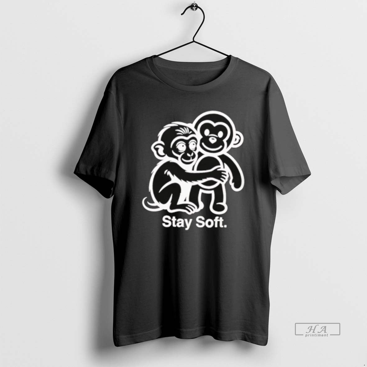Official Stay Soft Monkey Hugging White Line Art - Adult & Kids T-Shirts, Sweatshirts & Hoodies apparel design preview 1