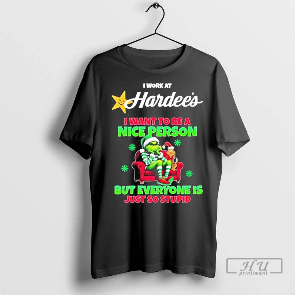Officials Santa Grinch I Work At Hardees Logo Want To - Adult & Kids T-Shirts, Sweatshirts & Hoodies apparel design preview 1