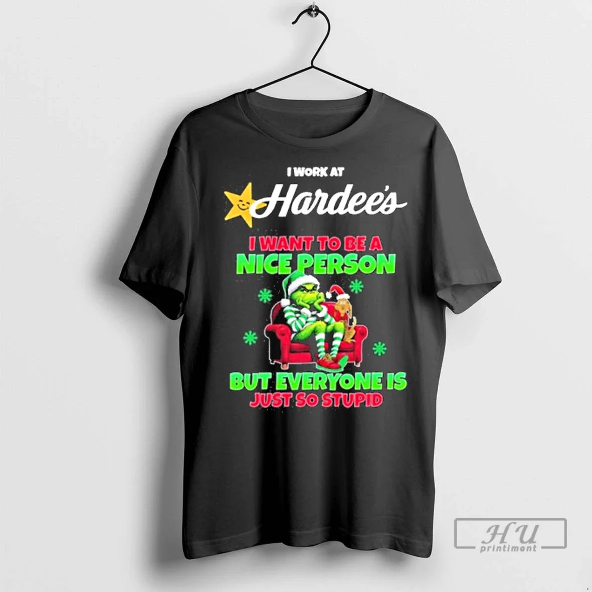 Officials Santa Grinch I Work At Hardees Logo Want To - Adult & Kids T-Shirts, Sweatshirts & Hoodies apparel design preview 1