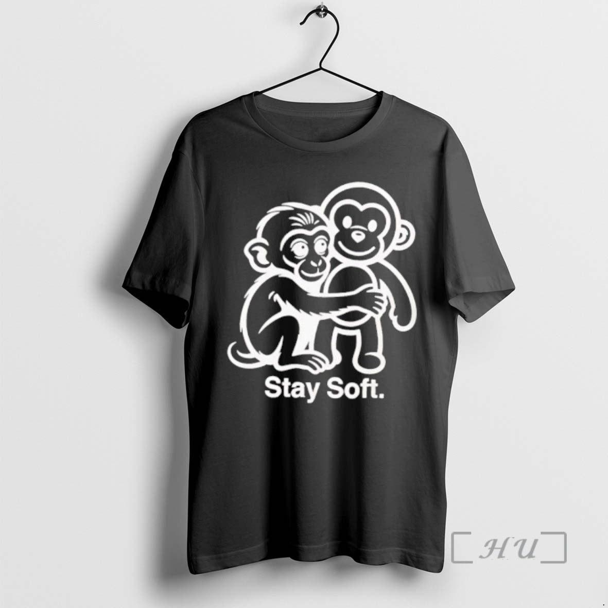 Officials Stay Soft Monkey Hugging White Line Art - Adult & Kids T-Shirts, Sweatshirts & Hoodies apparel design preview 1