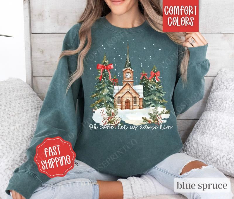 Oh Come Let Us Adore Him Comfort Colors Womenswear - Adult & Kids T-Shirts, Sweatshirts & Hoodies apparel design preview 1