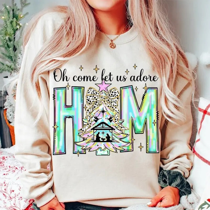 Oh Come Let Us Adore Him Neon Color Coquette Bow Tree - Adult & Kids T-Shirts, Sweatshirts & Hoodies apparel design preview 1