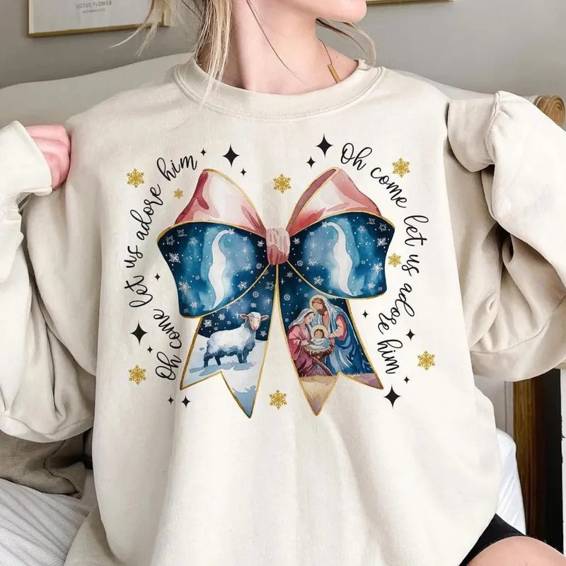 Oh Come Let Us Adore Him Jesus Faith Coquette Bow - Adult & Kids T-Shirts, Sweatshirts & Hoodies apparel design preview 1