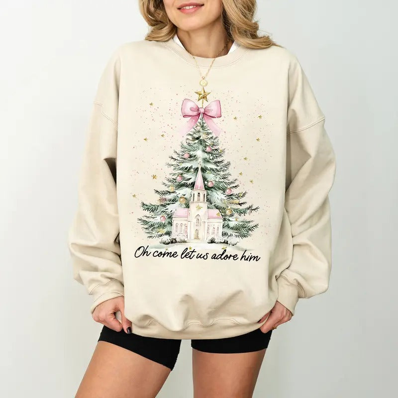 Oh Come Let Us Adore Him Coquette Bow Tree Nativity - Adult & Kids T-Shirts, Sweatshirts & Hoodies apparel design preview 1