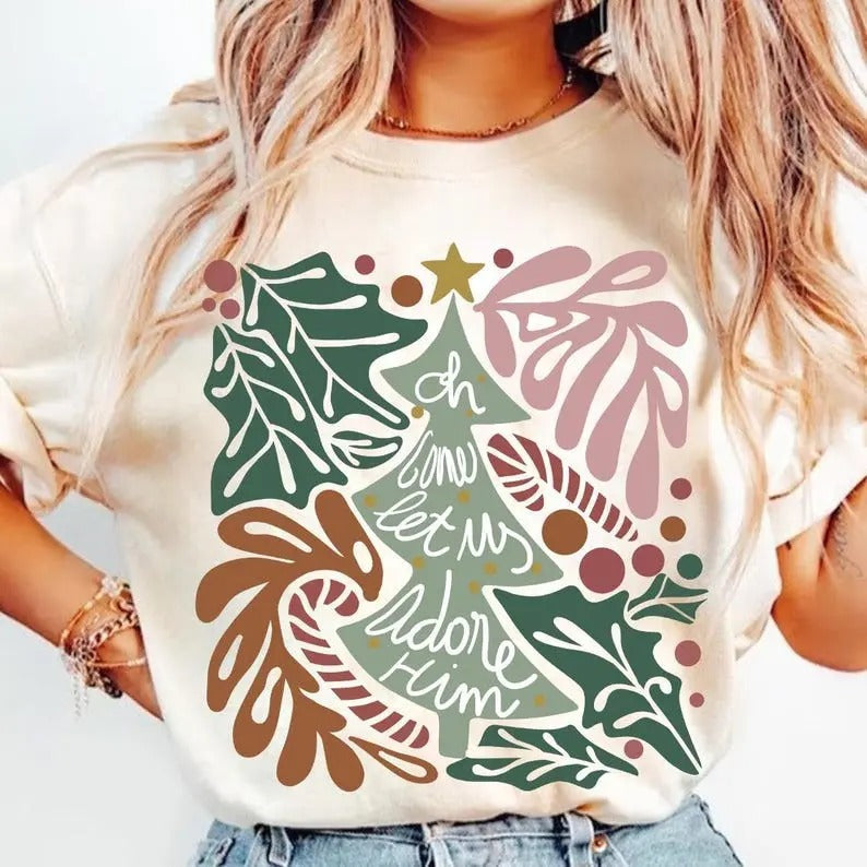 Oh Come Let Us Adore Him Jesus Boho Tree Hand Drawn - Adult & Kids T-Shirts, Sweatshirts & Hoodies apparel design preview 1