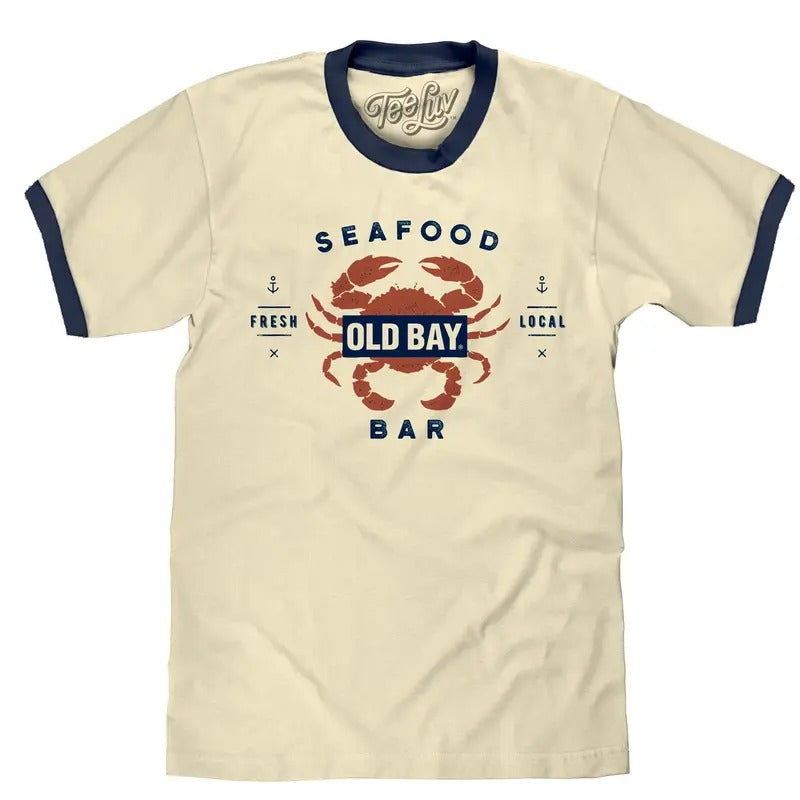 Old Bay Seafood Bar Lobster Logo Ringer Beige Navy - Adult & Kids T-Shirts, Sweatshirts & Hoodies apparel design preview 1