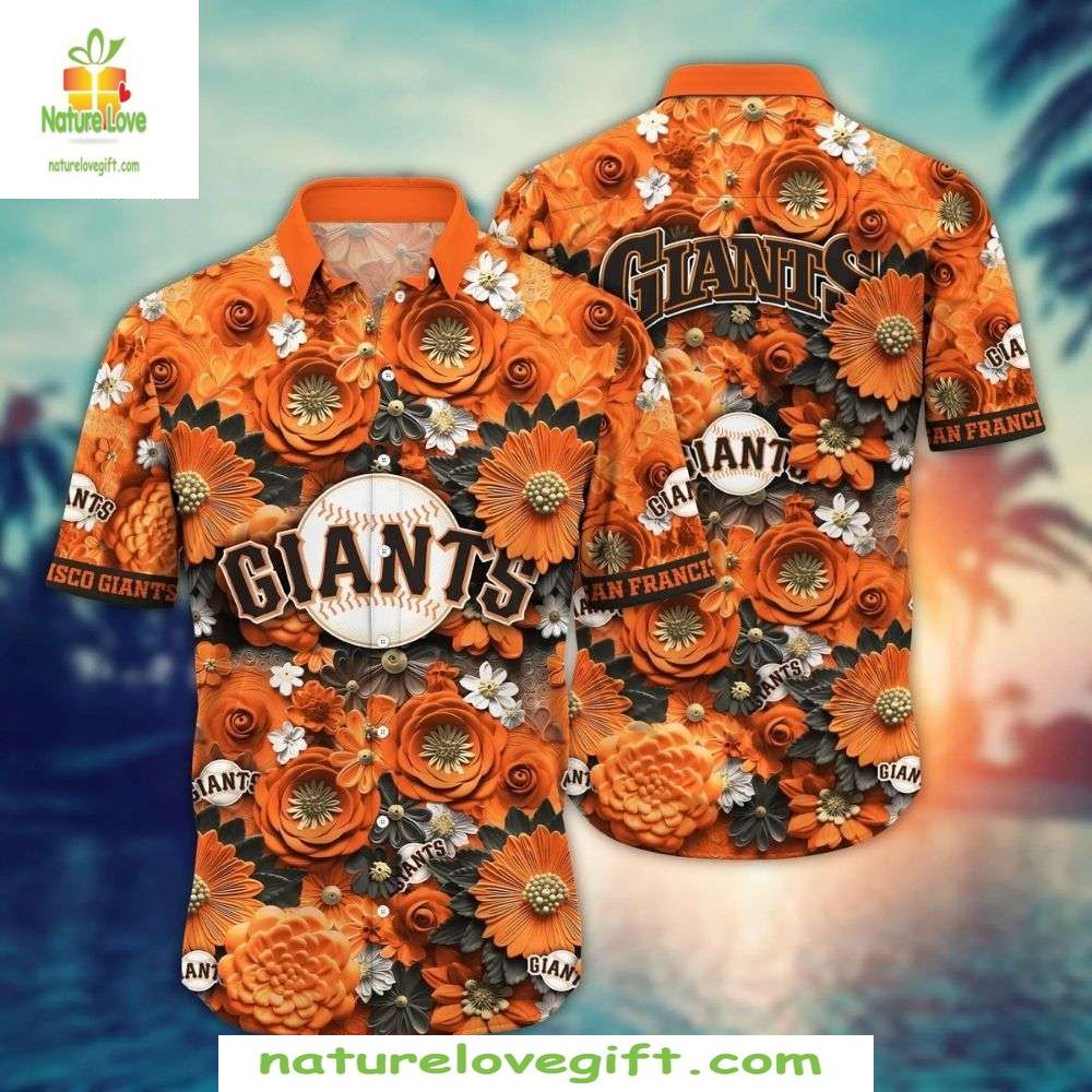 SF Giants Hawaiian Orange Bloom Floral Fan Baseball - Adult & Kids T-Shirts, Sweatshirts & Hoodies apparel design preview 1