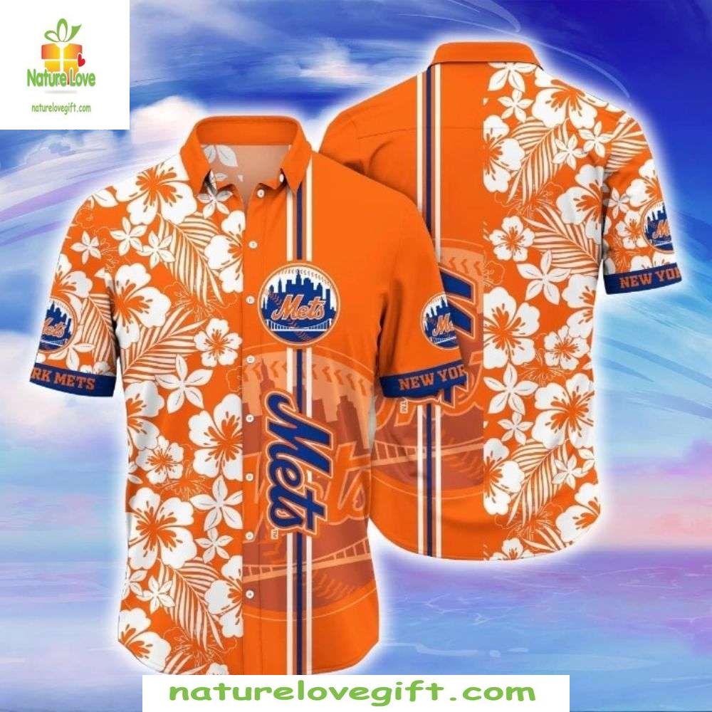 NY Mets Hawaiian Orange Sunset Palm Silhouette - Adult & Kids T-Shirts, Sweatshirts & Hoodies apparel design preview 1