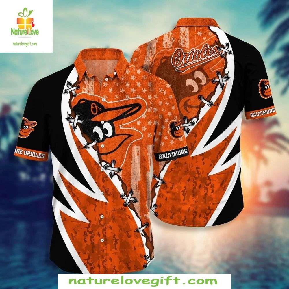 Baltimore Orioles Hawaiian Swirl Star Pattern MLB - Adult & Kids T-Shirts, Sweatshirts & Hoodies apparel design preview 1