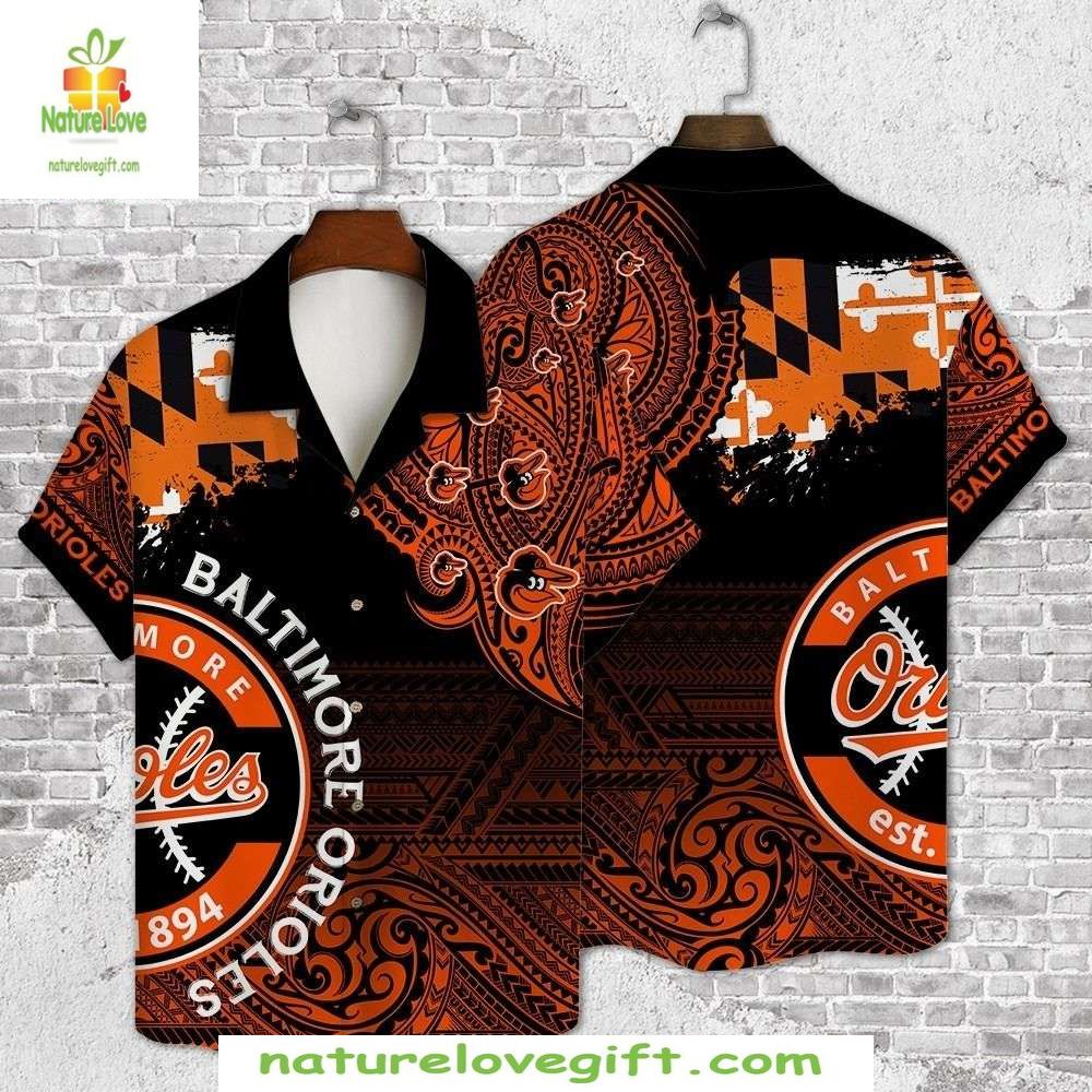 Baltimore Orioles Hawaiian Black Paisley Cityscape - Adult & Kids T-Shirts, Sweatshirts & Hoodies apparel design preview 1