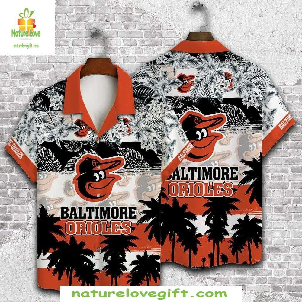 MLB Orioles Hawaiian Black White Palms Baseball Aloha - Adult & Kids T-Shirts, Sweatshirts & Hoodies apparel design preview 1