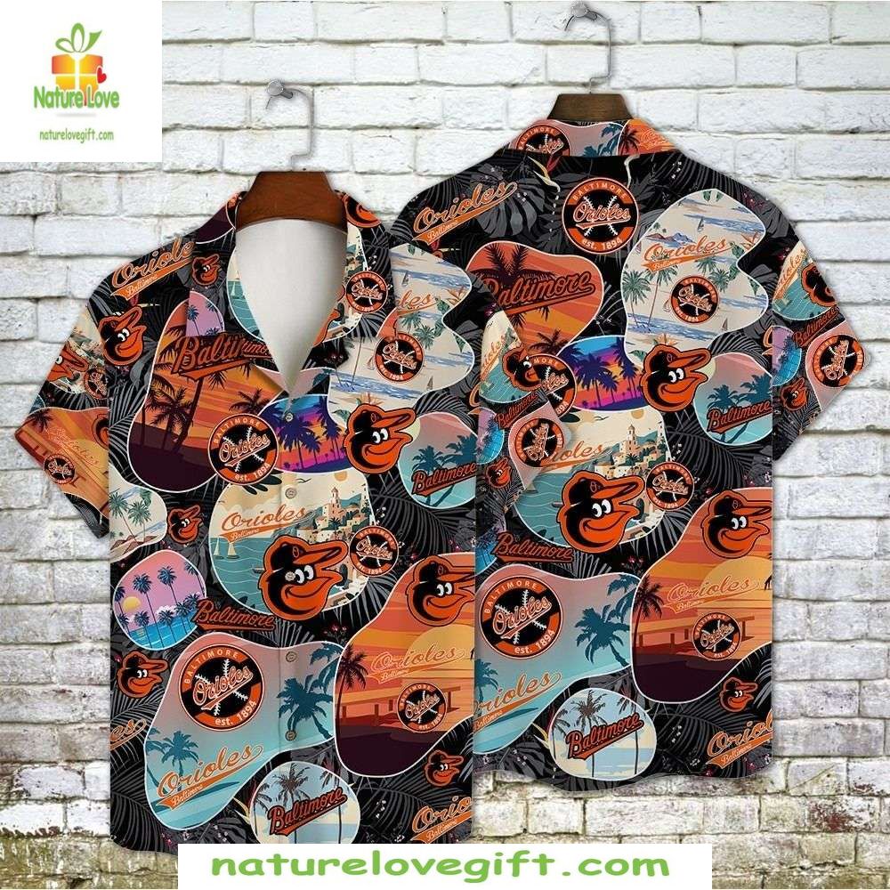 MLB Orioles Hawaiian Dark Tropical Sunset Palms - Adult & Kids T-Shirts, Sweatshirts & Hoodies apparel design preview 1