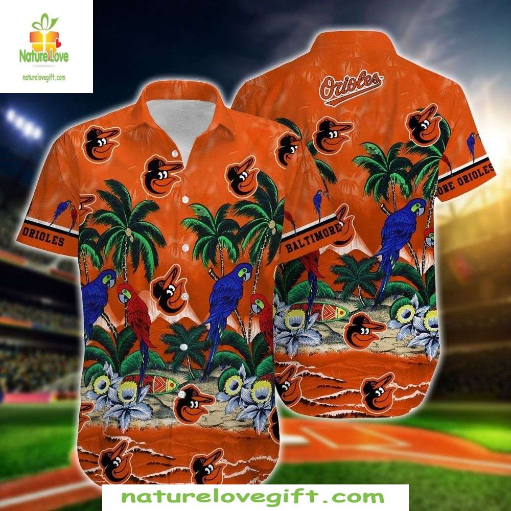 MLB Orioles Hawaiian Tropical Parrot Palm Baseball - Adult & Kids T-Shirts, Sweatshirts & Hoodies apparel design preview 1