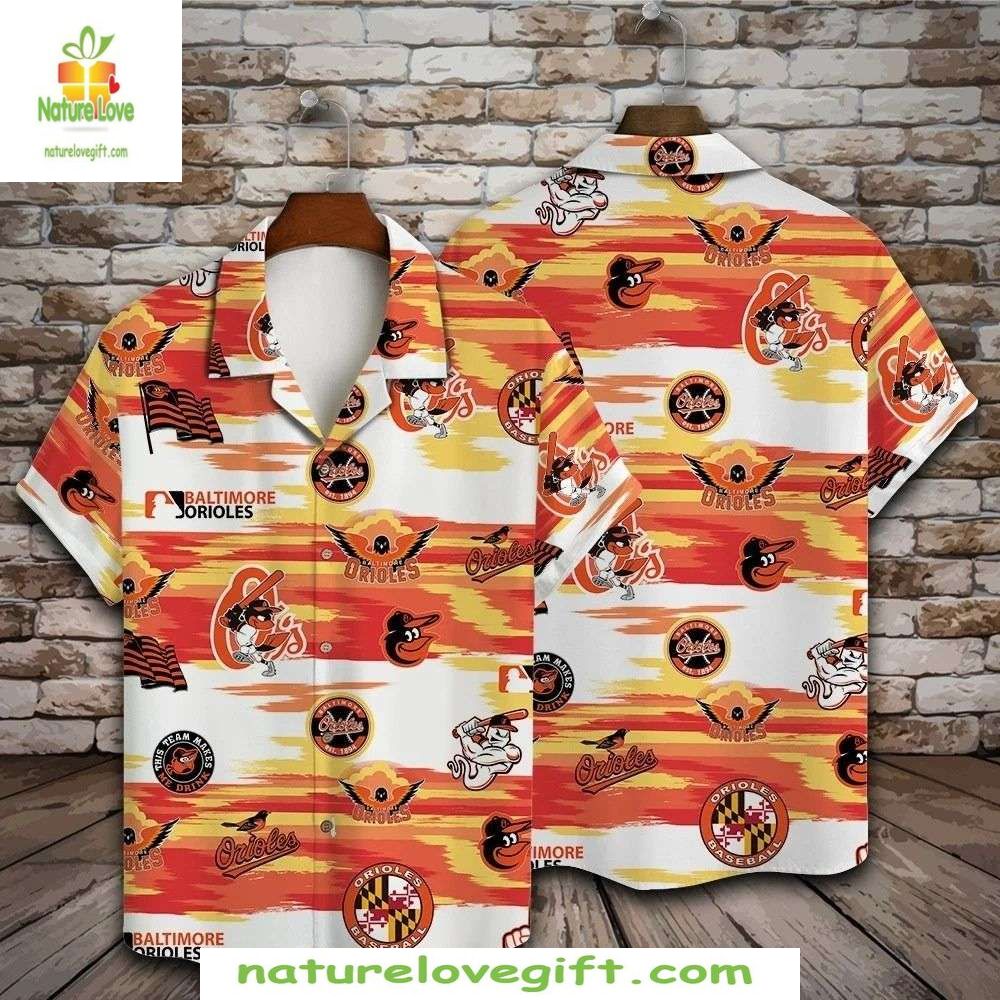 MLB Orioles Hawaiian Tropical Sunrise Stripe Emblem - Adult & Kids T-Shirts, Sweatshirts & Hoodies apparel design preview 1