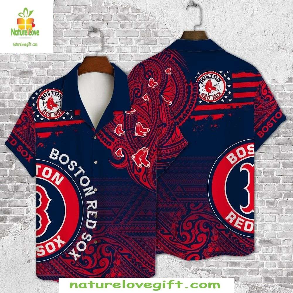 Boston Red Sox Hawaiian Tribal Design Blue Baseball - Adult & Kids T-Shirts, Sweatshirts & Hoodies apparel design preview 1