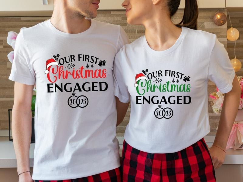 Our First Engaged 2023 Matching Couples Newly FiancéE - Adult & Kids T-Shirts, Sweatshirts & Hoodies apparel design preview 1