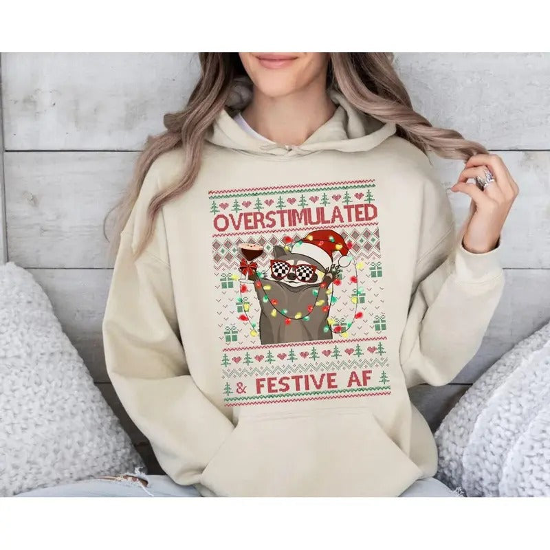 Overstimulated Festive Af Raccoon Ugly Funny - Adult & Kids T-Shirts, Sweatshirts & Hoodies apparel design preview 1
