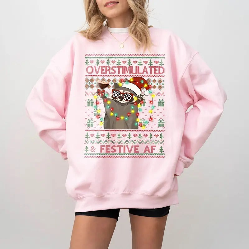 Overstimulated Festive Af Raccoon Ugly Party Funny - Adult & Kids T-Shirts, Sweatshirts & Hoodies apparel design preview 1