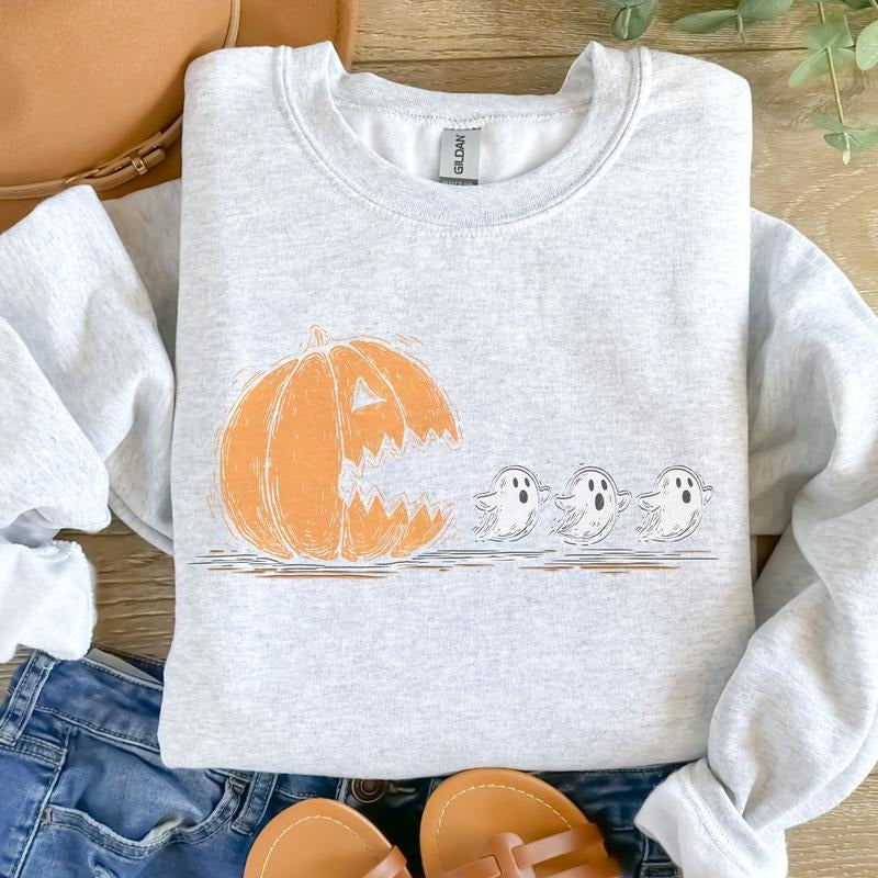 Pac Man Pumpkin Ghost Ash Grey Spooky - Adult & Kids T-Shirts, Sweatshirts & Hoodies apparel design preview 1