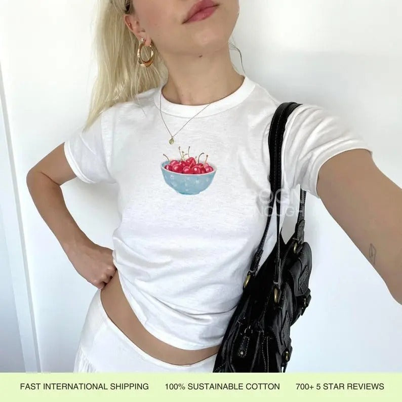 Painted Blue Bowl Cherries 90s Baby Cotton Womenswear - Adult & Kids T-Shirts, Sweatshirts & Hoodies apparel design preview 1