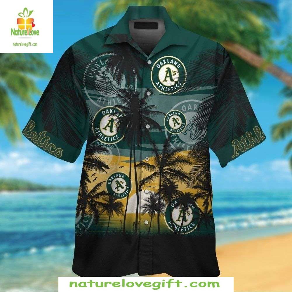 Oakland A's Hawaiian Palm Trees Sunset Aloha Baseball - Adult & Kids T-Shirts, Sweatshirts & Hoodies apparel design preview 1