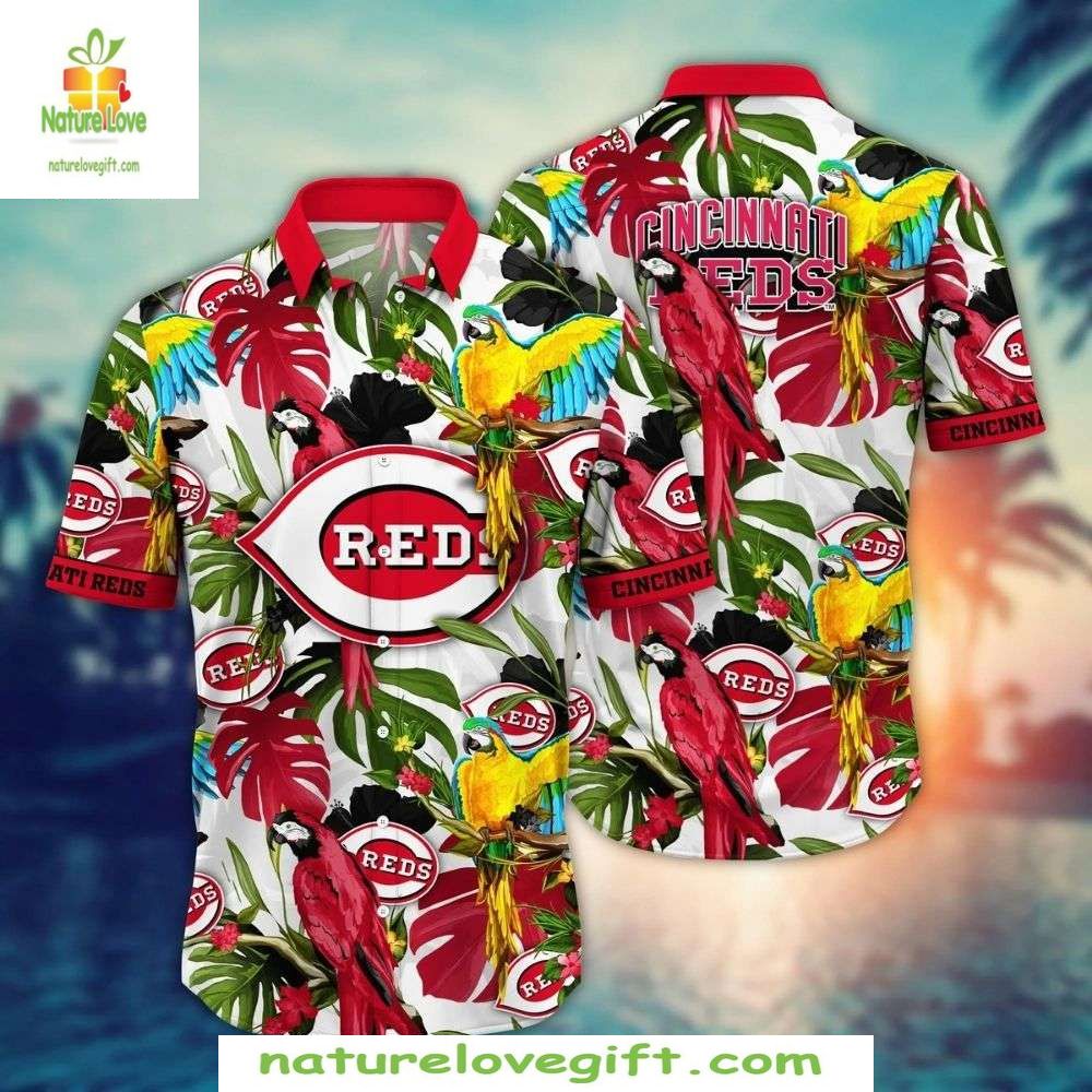 Cincinnati Reds Hawaiian Parrot Paradise Fan Stylish - Adult & Kids T-Shirts, Sweatshirts & Hoodies apparel design preview 1