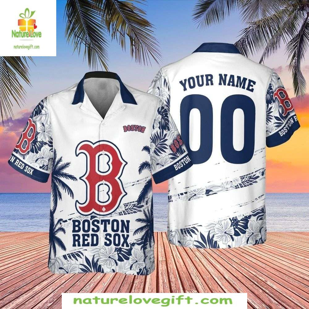 Boston Red Sox Hawaiian Custom Name Flower Pattern - Adult & Kids T-Shirts, Sweatshirts & Hoodies apparel design preview 1