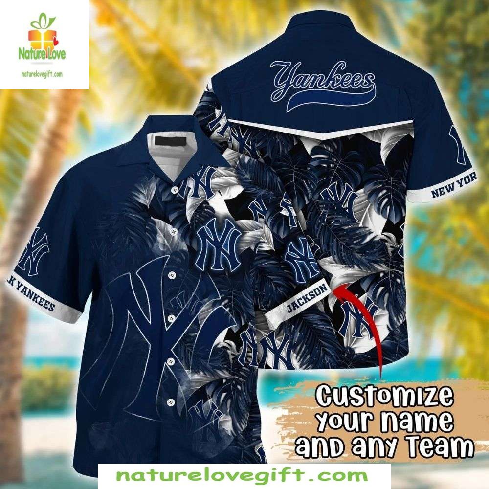 NY Yankees Hawaiian Personalized Navy Leaf Baseball - Adult & Kids T-Shirts, Sweatshirts & Hoodies apparel design preview 1
