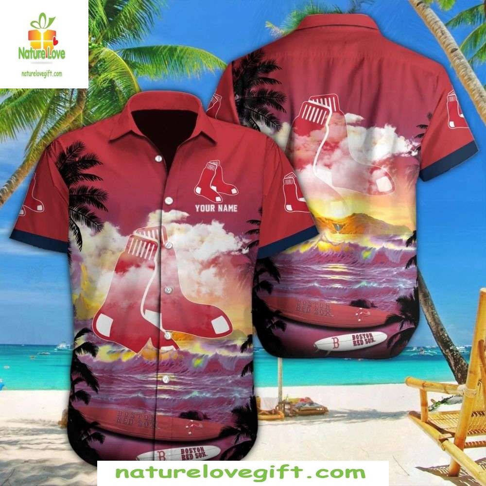 Boston Red Sox Hawaiian Personalized Sunset Baseball - Adult & Kids T-Shirts, Sweatshirts & Hoodies apparel design preview 1