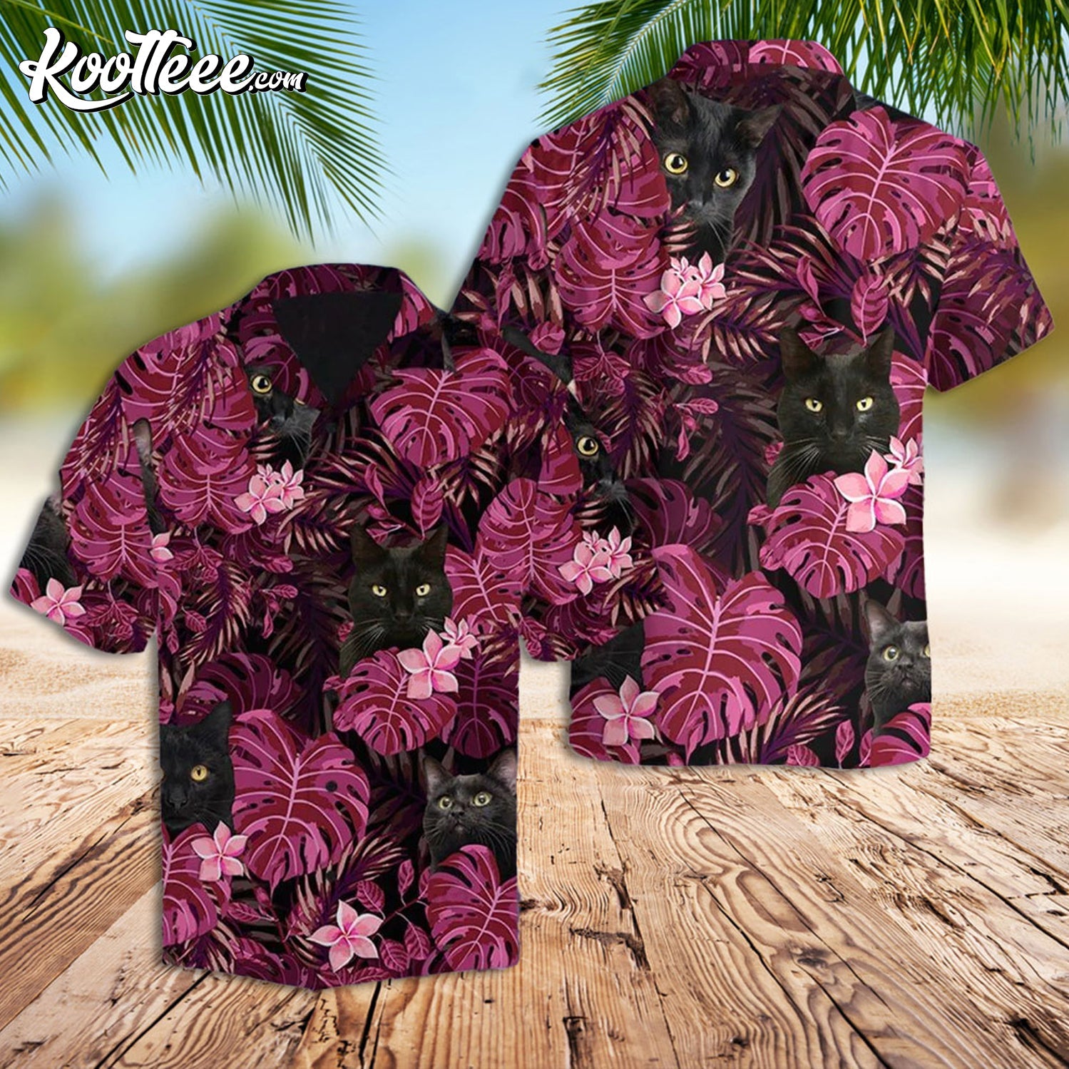 Pink Black Cat Aloha Floral Hawaiian - Adult & Kids T-Shirts, Sweatshirts & Hoodies apparel design preview 1