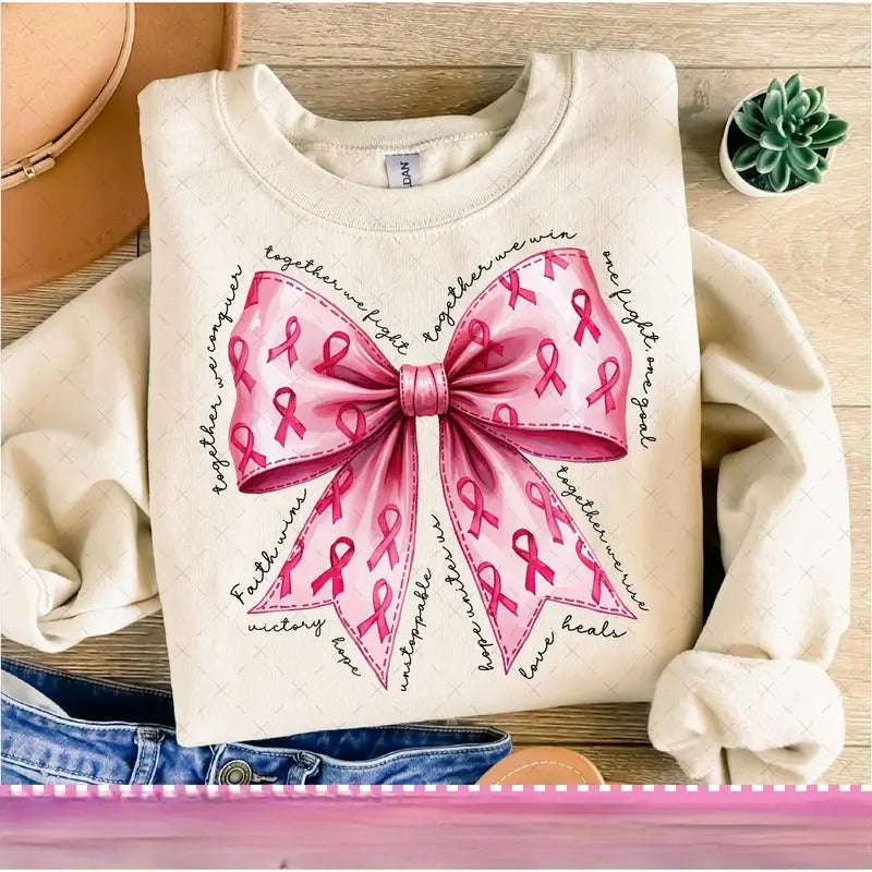Pink Bow Breast Cancer October We Out Ribbon - Adult & Kids T-Shirts, Sweatshirts & Hoodies apparel design preview 1
