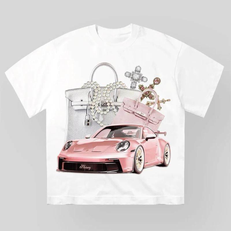 Pink Car Print Vintage Y2k Cotton Medium Short Sleeve - Adult & Kids T-Shirts, Sweatshirts & Hoodies apparel design preview 1