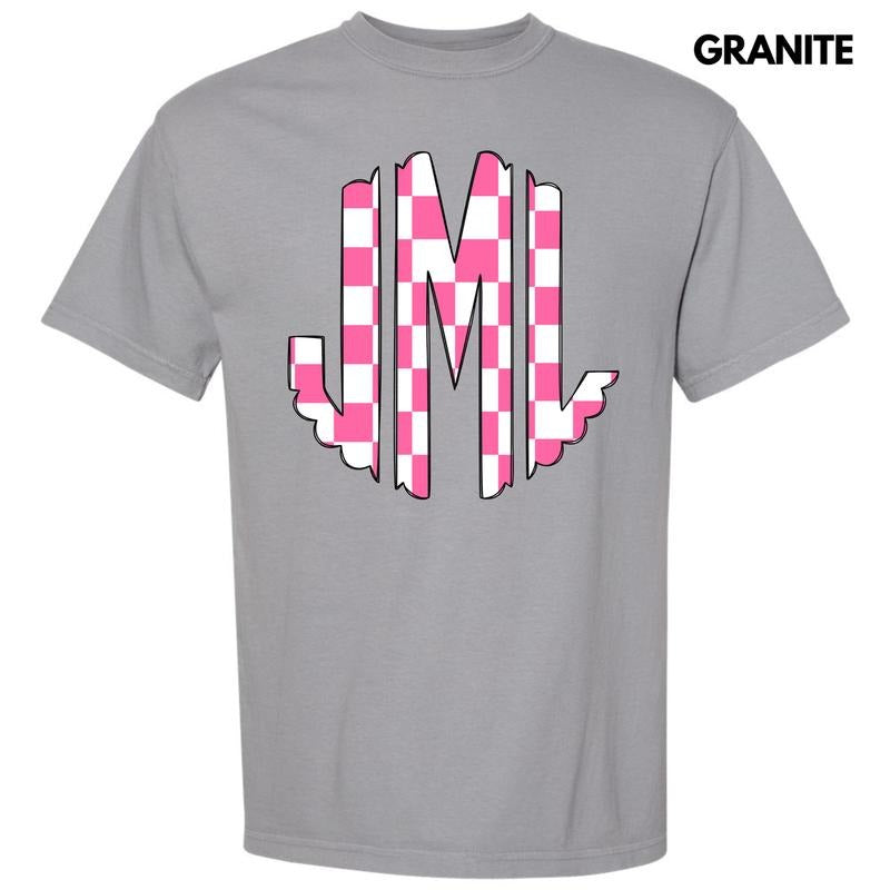 Pink Checker Monogram Comfort Colors 'NLB' - Adult & Kids T-Shirts, Sweatshirts & Hoodies apparel design preview 1