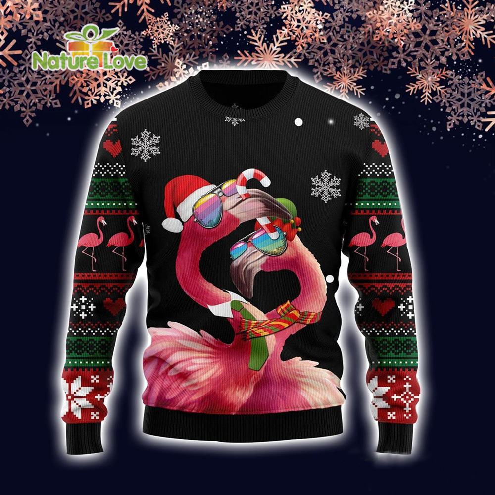 Pink Flamingo Couple For Men And Women Ugly Christmas Sweater - Holiday Gift product image