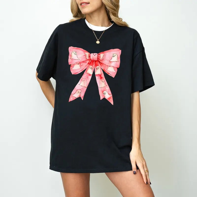 Pink Ghost Coquette Halloween Bow Fall Spooky Season - Adult & Kids T-Shirts, Sweatshirts & Hoodies apparel design preview 1