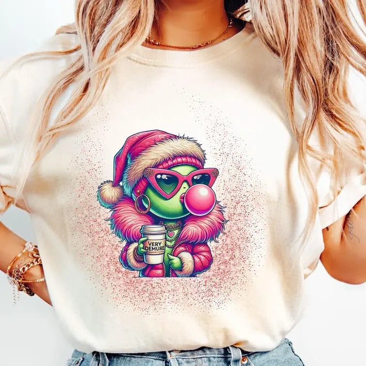 Pink Grinchhhh Girl Blowing Bubble Funny - Adult & Kids T-Shirts, Sweatshirts & Hoodies apparel design preview 1