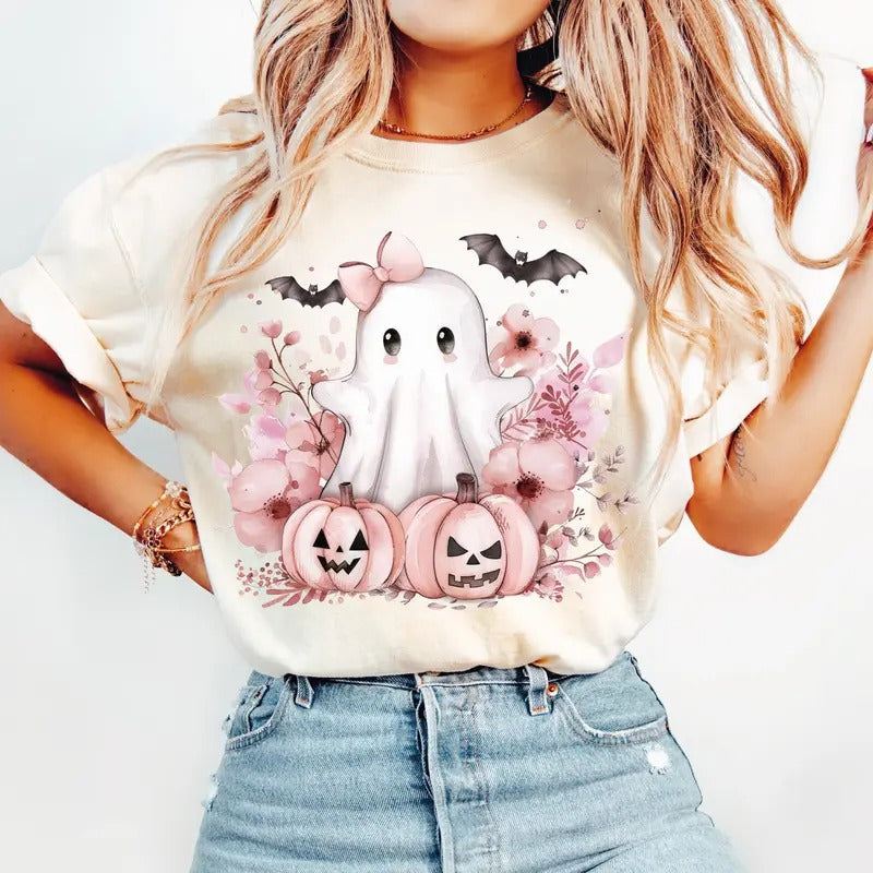Pink Halloween Spooky Ghost Autumn Boo Fall Pumpkins - Adult & Kids T-Shirts, Sweatshirts & Hoodies apparel design preview 1