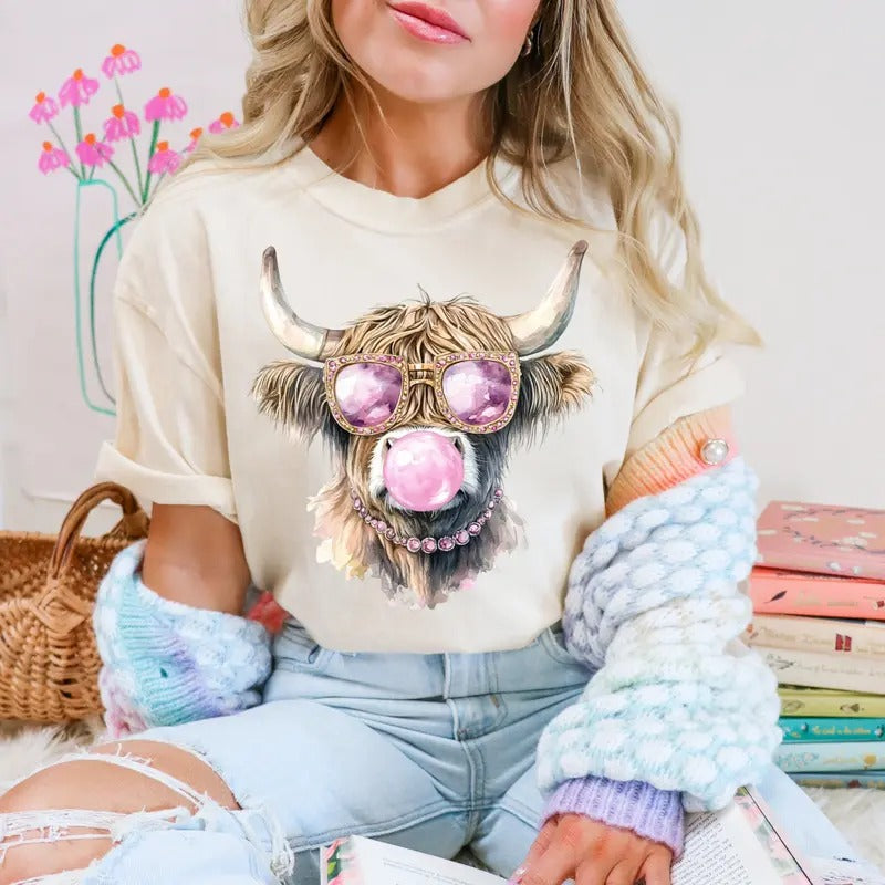 Pink Highland Cow Blowing Bubble DTF Transfers THIS - Adult & Kids T-Shirts, Sweatshirts & Hoodies apparel design preview 1