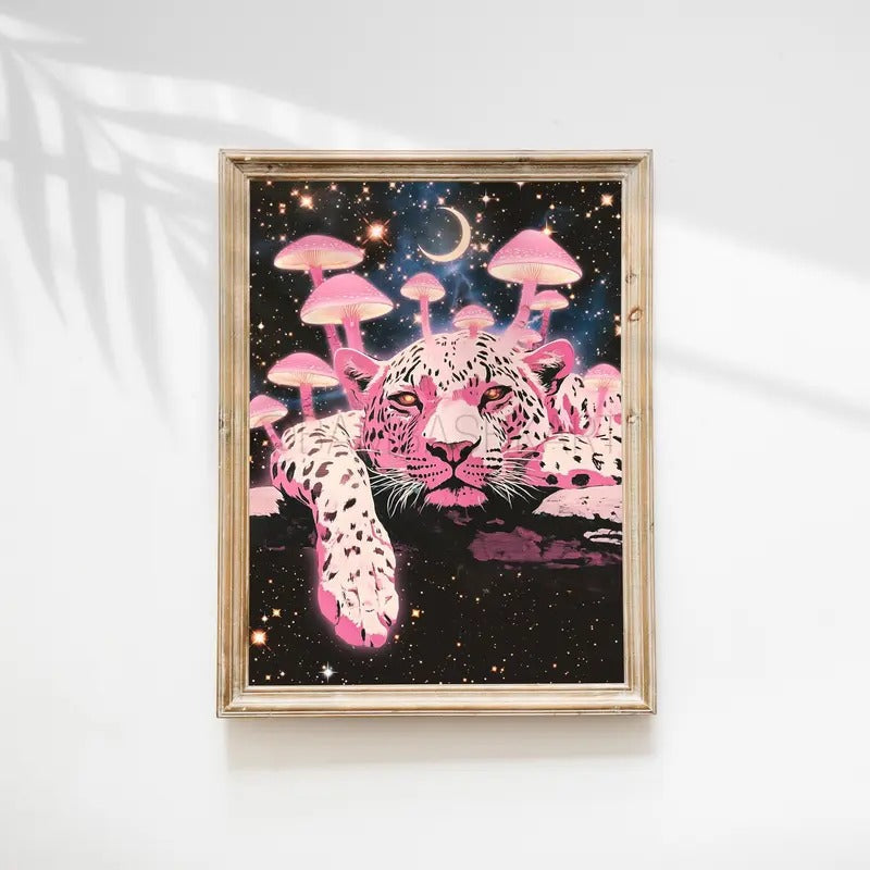 Pink Leopard Psychedelic Poster Glowing Mushrooms - Adult & Kids T-Shirts, Sweatshirts & Hoodies apparel design preview 1