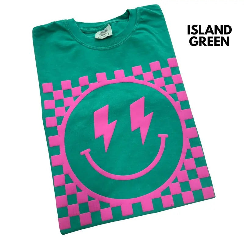 Pink Puff Checkered Happy Face Comfort Colors - Adult & Kids T-Shirts, Sweatshirts & Hoodies apparel design preview 1