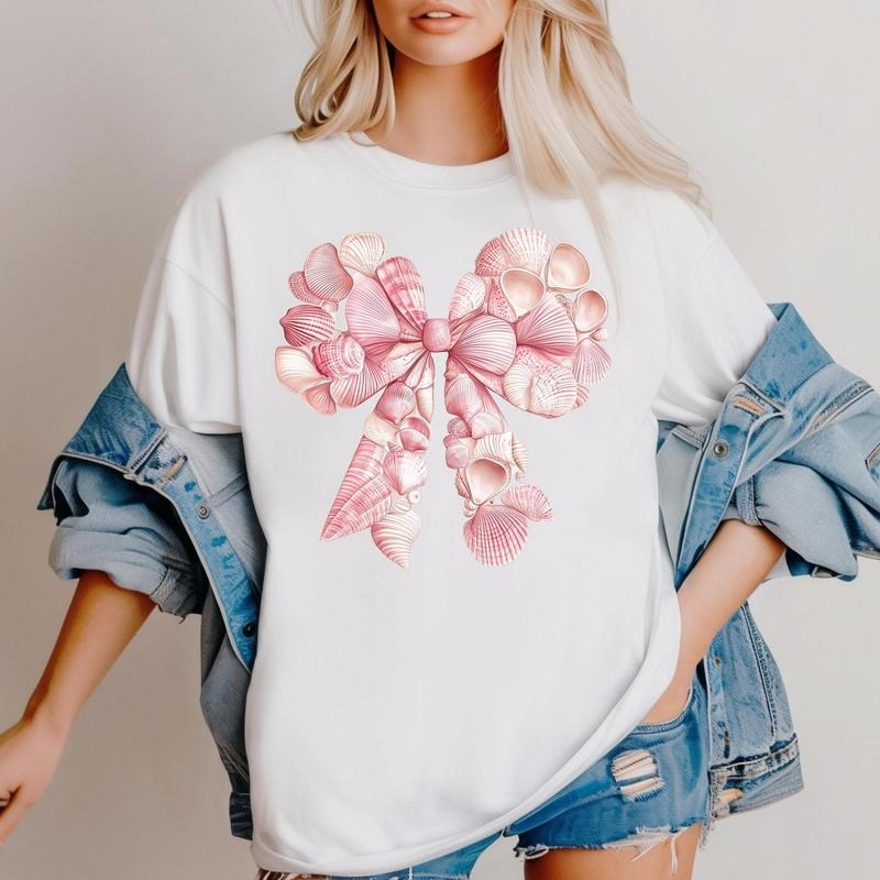 Pink Seashell Coquette Bow Beach Summer Coastal Girly - Adult & Kids T-Shirts, Sweatshirts & Hoodies apparel design preview 1