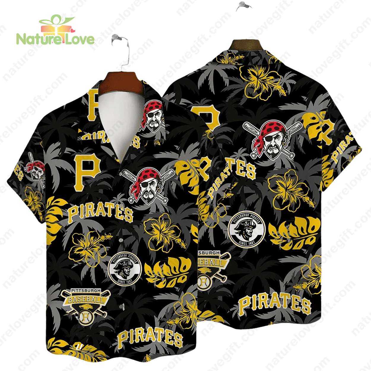Pittsburgh Pirates Tropical Palm Hibiscus MLB Black - Adult & Kids T-Shirts, Sweatshirts & Hoodies apparel design preview 1