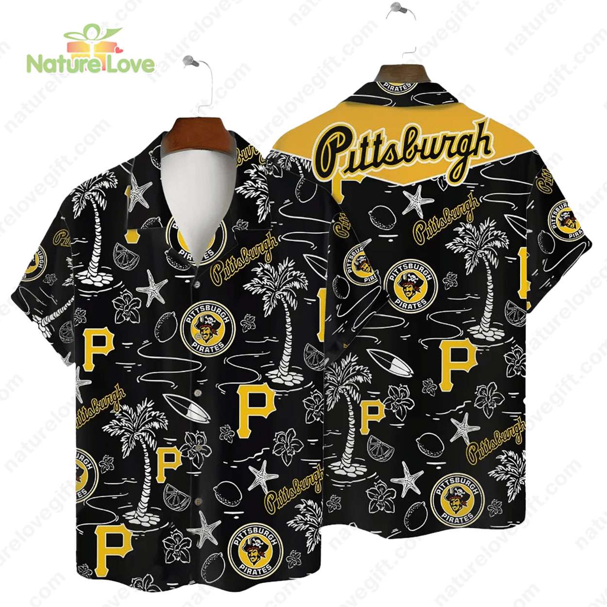 Pittsburgh Pirates Tropical Palms MLB Black Hawaiian - Adult & Kids T-Shirts, Sweatshirts & Hoodies apparel design preview 1