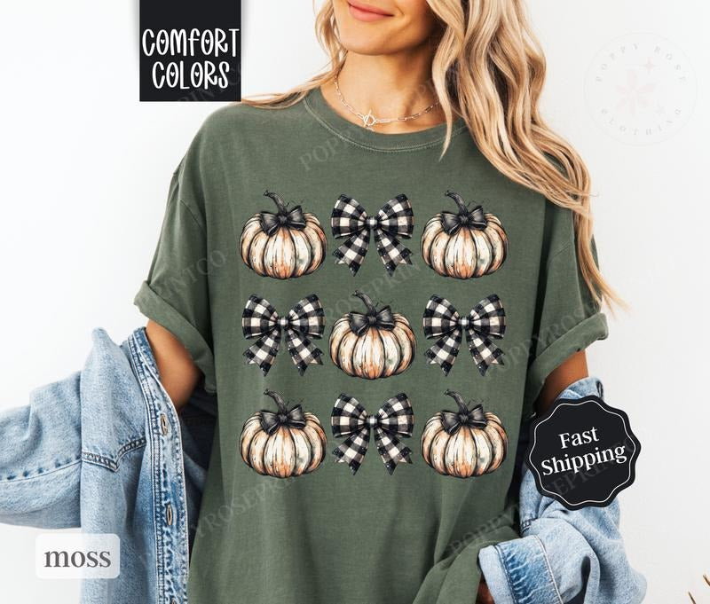Plaid Bow Pumpkin Comfort Colors Fall Coquette - Adult & Kids T-Shirts, Sweatshirts & Hoodies apparel design preview 1