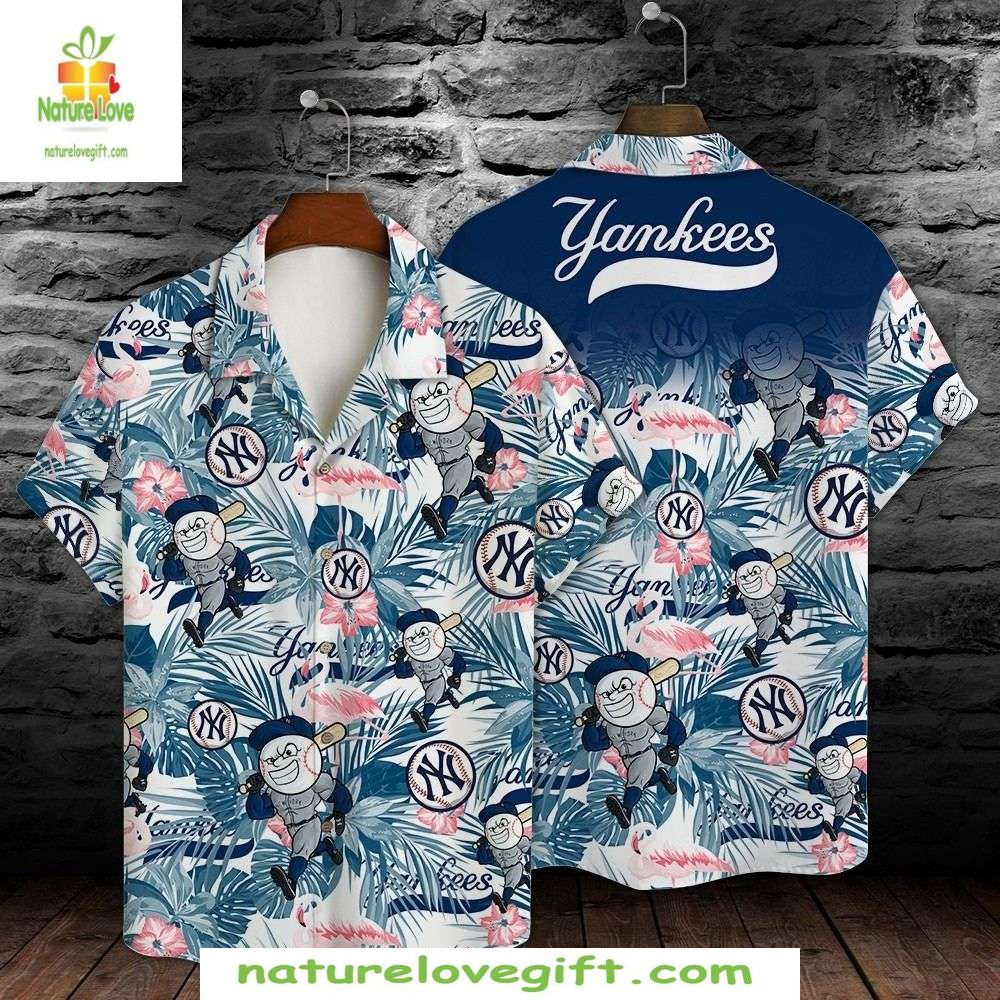 New York Yankees Hawaiian Cartoon Mascots Flamingos - Adult & Kids T-Shirts, Sweatshirts & Hoodies apparel design preview 1