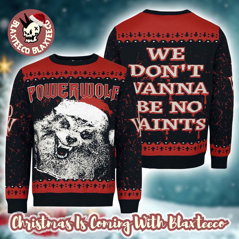 Powerwolf We Don’t Wamma Be No Saints Werewolf Santa Face Funny Knitted Holiday Jumper Ugly Christmas Sweater - Holiday Gift product image